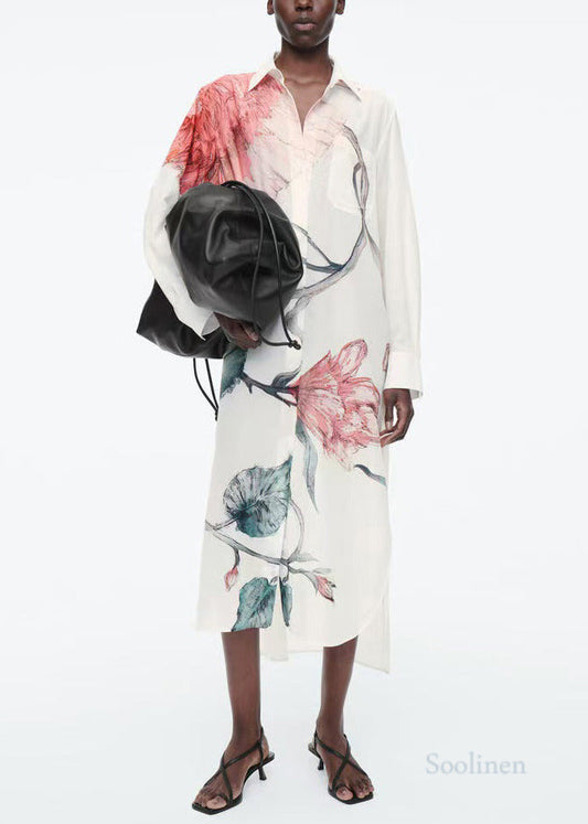 White Oversized Print Cotton Long Shirts Dresses Fall
