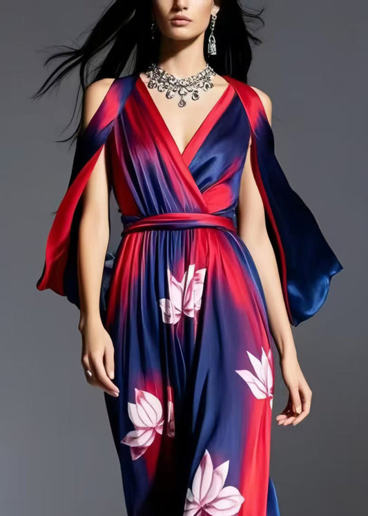 Navy Cold Shoulder Tie Dye Chiffon Dresses Summer