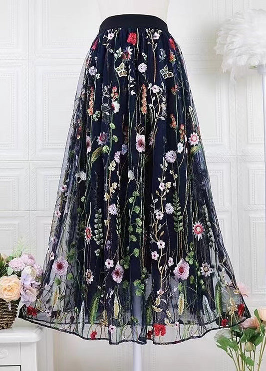 Black Embroidered High Waist Tulle Skirts Spring