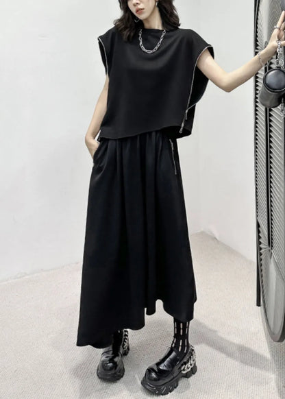 Black Zip Up Patchwork Tops and Skirts Cotton Two Pieces Set Fall