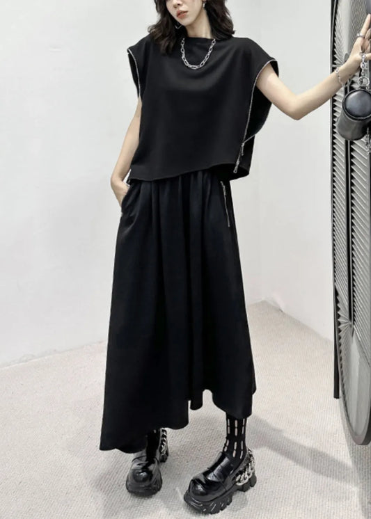 Black Zip Up Patchwork Tops and Skirts Cotton Two Pieces Set Fall
