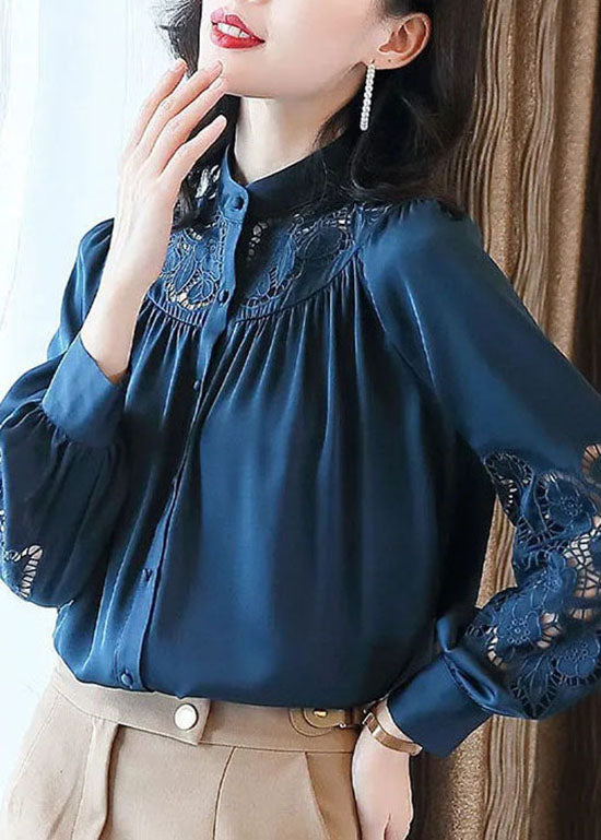 Classy Blue Stand Collar Button Hollow Out Embroidered Silk Blouses Spring