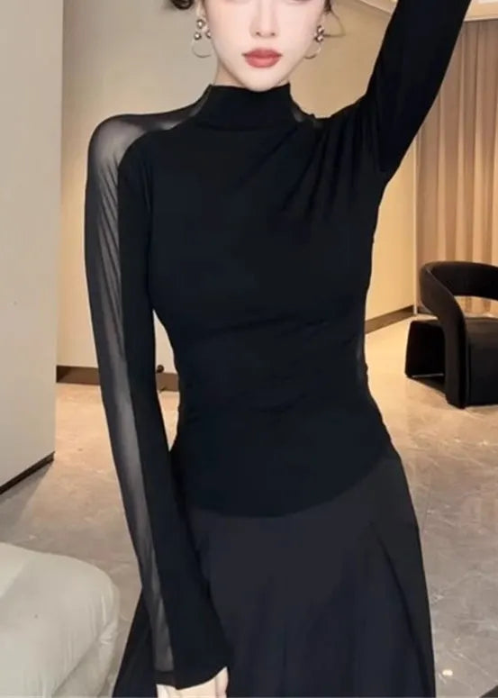 Black Hollow Out Patchwork Silm Fit Tops Spring