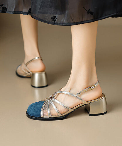 French Green Hollow Out Tulle Splicing Chunky Heel Sandals