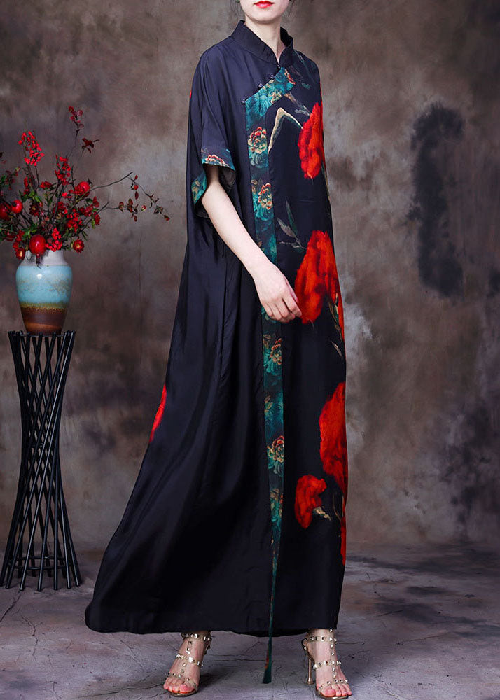 Black Mandarin Collar Print Silk Long Dress for Wemon Short Sleeve