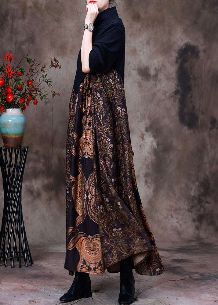 Blue Patchwork Coffee Turtleneck Print Silk Maxi Dress Long Sleeve