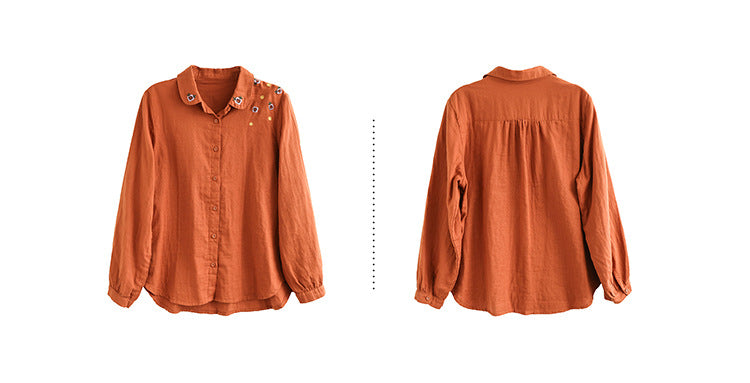 Art Double Layer Cotton Long Sleeve Embroidery Shirt