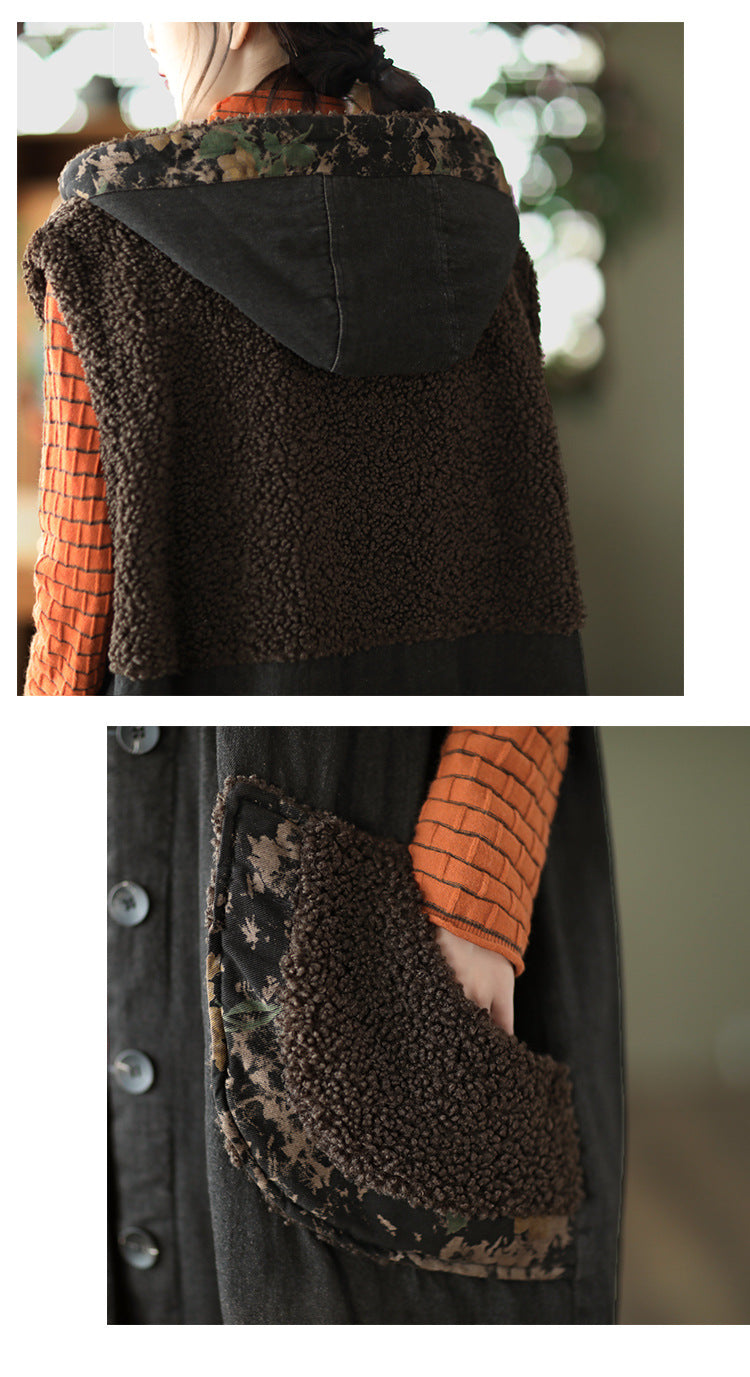 Lamb Wool Panel Denim Mid-length Vest Jacket