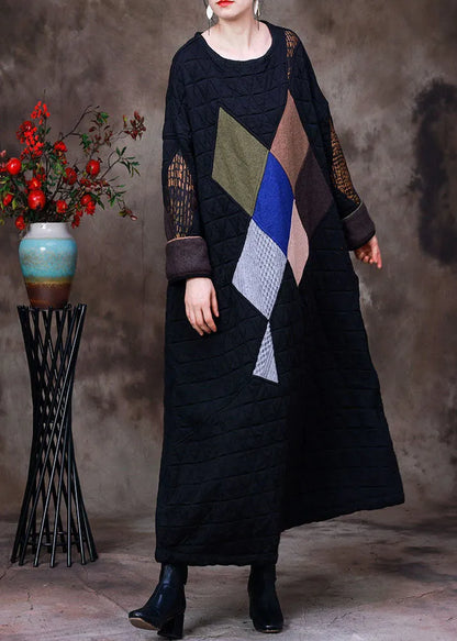 Fine Black O-neck Oversized Print Fine Cotton Filled Maxi Dresses Gown Winter