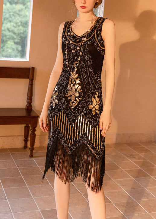Black Tasseled Sequins Patchwork Dresses Sleeveless