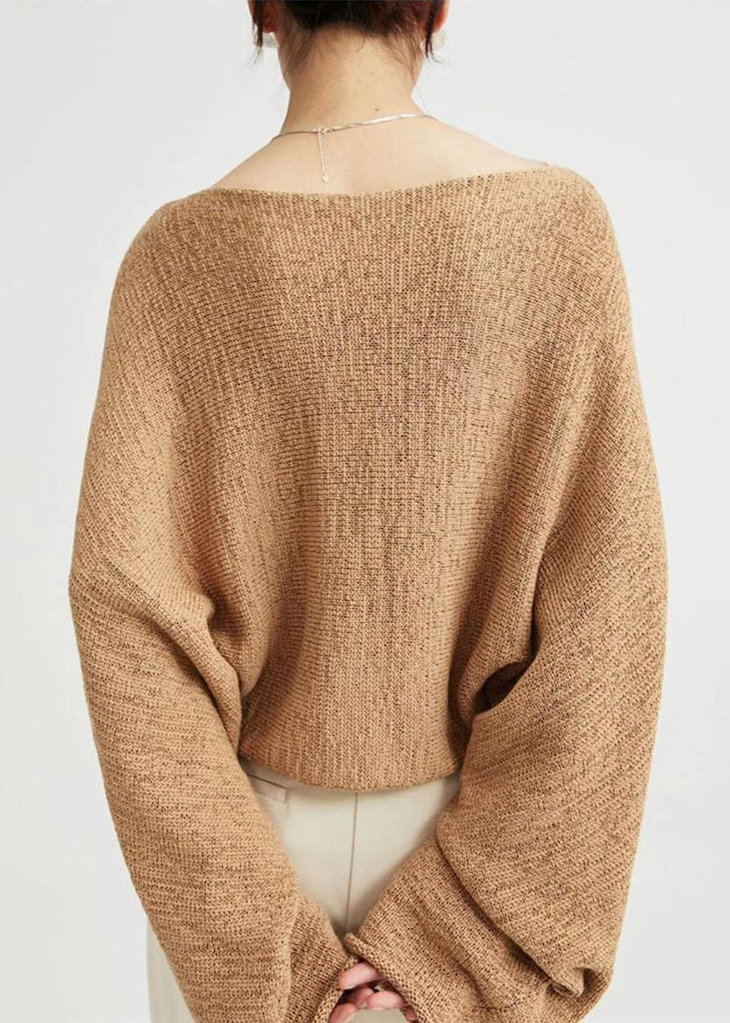 Handmade Camel Slash Neck Hollow Out Knit Top Long Sleeve