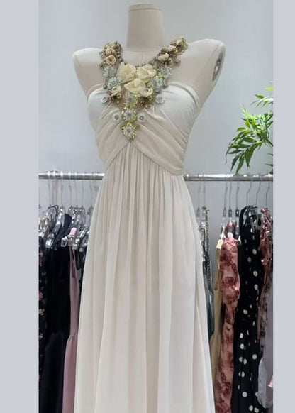 White Zircon Wrinkled Patchwork Cotton Long Dress Sleeveless