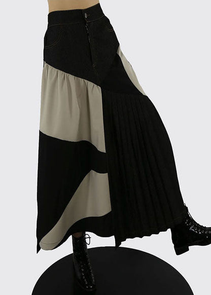 Apricot Elastic Waist Patchwork Pleated Skirts Spring