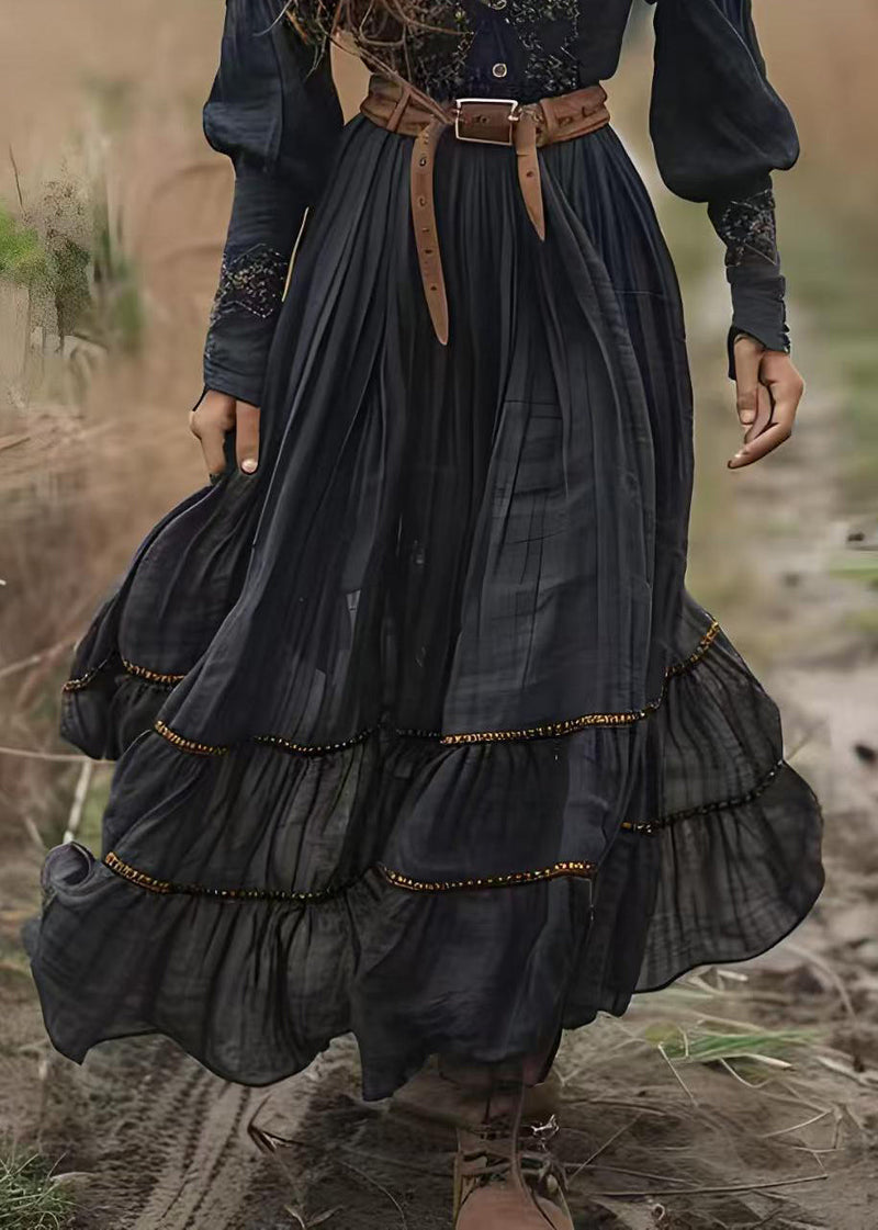 Black V Neck Print Wrinkled Cotton Long Dress Spring