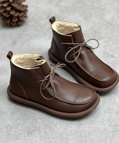 Retro Lace Up Boots Coffee Fuzzy Wool Lined Cowhide Leather