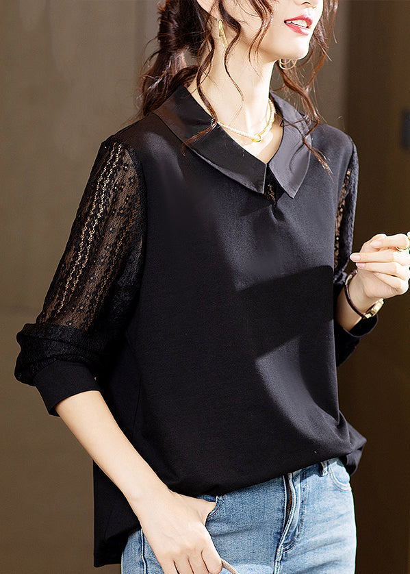 Black Hollow Out Lace Patchwork Tops Long Sleeve