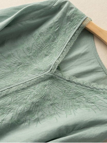 Embroidered V Neck 3/4 Sleeve Linen Tee Top