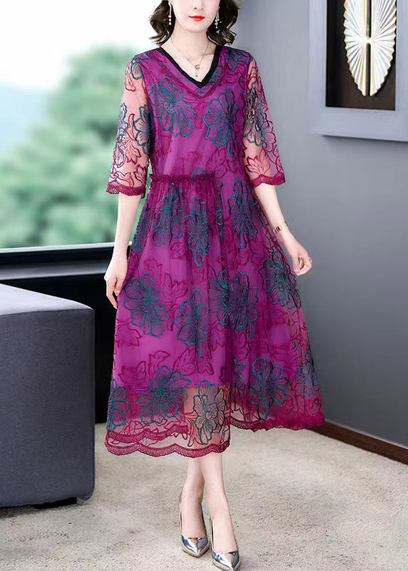 Stylish Purple Embroidered Tulle Maxi Dress Summer