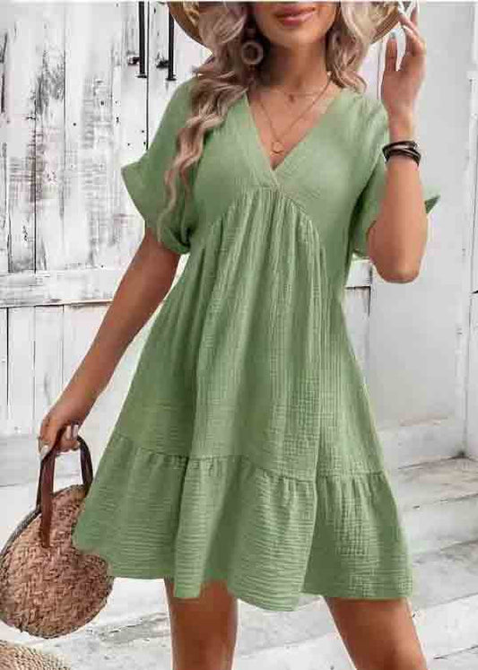 Green V Neck Cotton a Line Dresses Summer