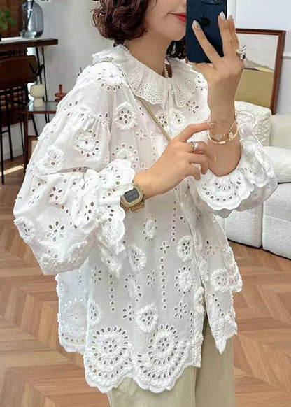 French Handmade White Puff Sleeve Hollow Out Cotton Shirt