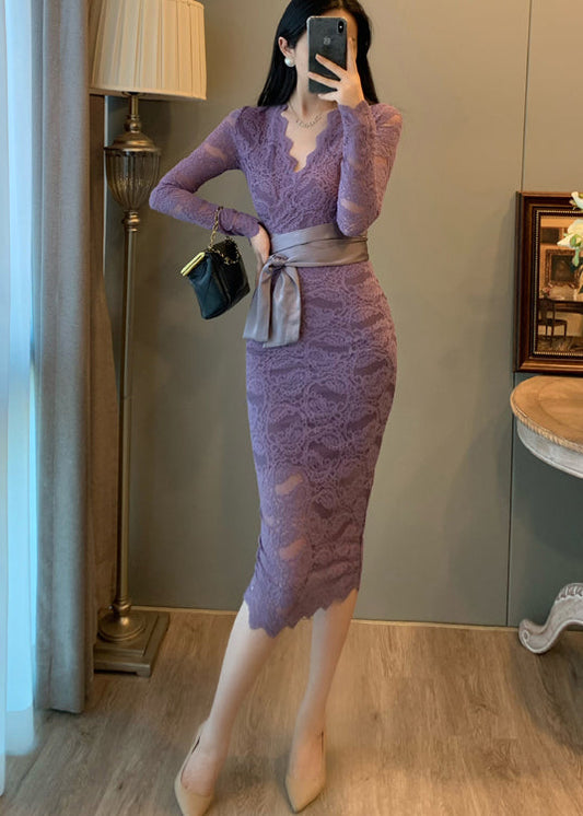 Lavender V Neck Tie Waist Lace Party Dresses Summer