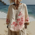 Vintage Pink Floral Gradient Pattern Linen V Neck Comfy T-shirt elevenforest