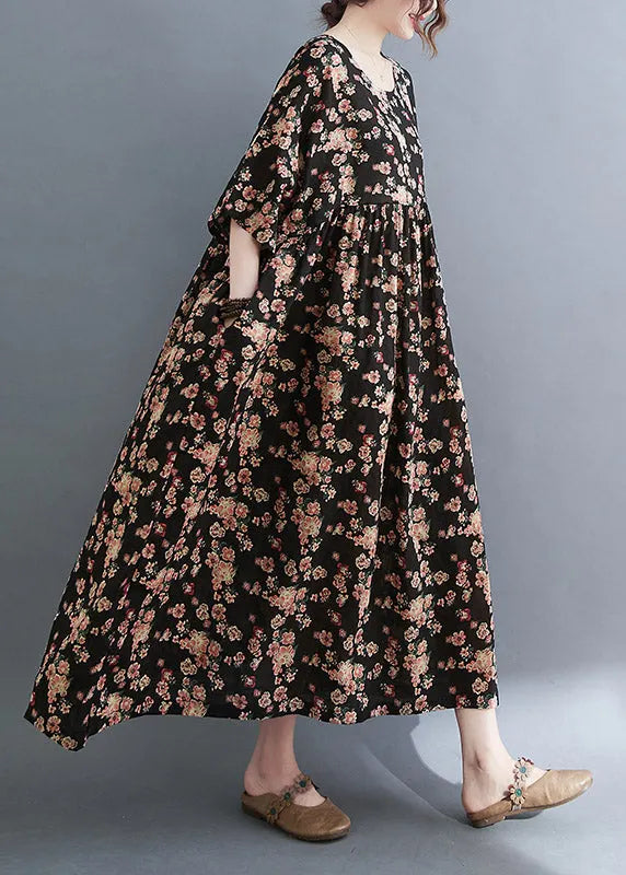 Black O-neck Print Pockets Extra Large Hem Long Dress Summer