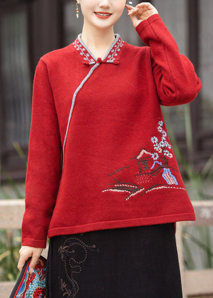 Red V Neck Oriental Button Embroideried Knit Tops Winter