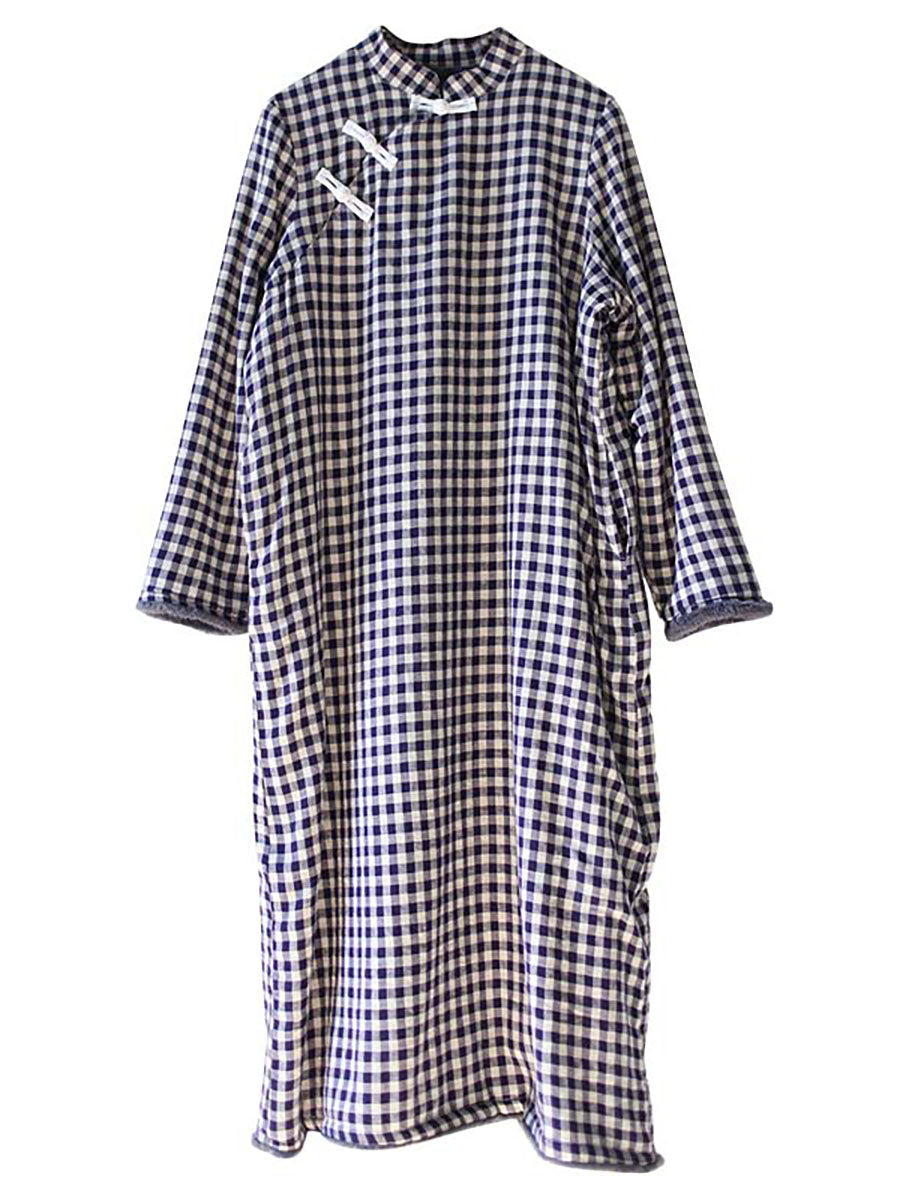 Chinese Style Winter Frog Thick Plaid Robe Dress