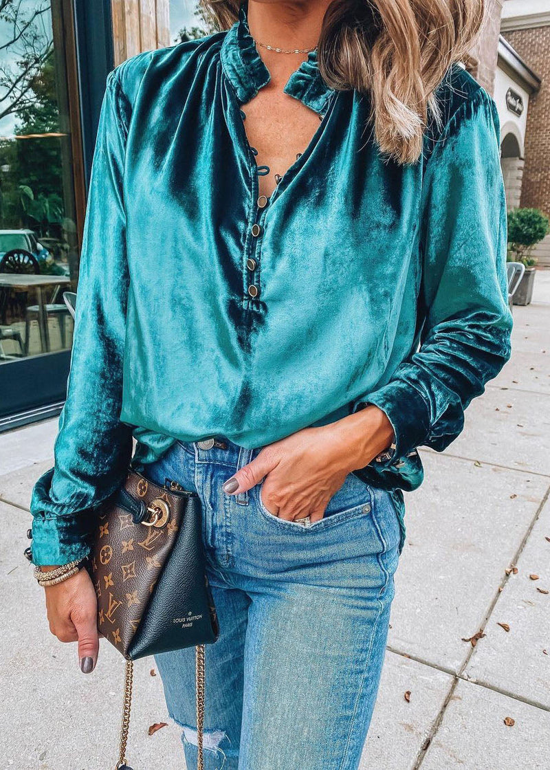 European and American Style Blue Ruffled Velour Top Spring