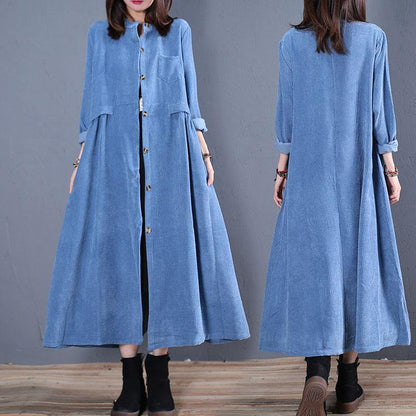 Corduroy Blended Light Blue O Neck Pockets Coat for Woman