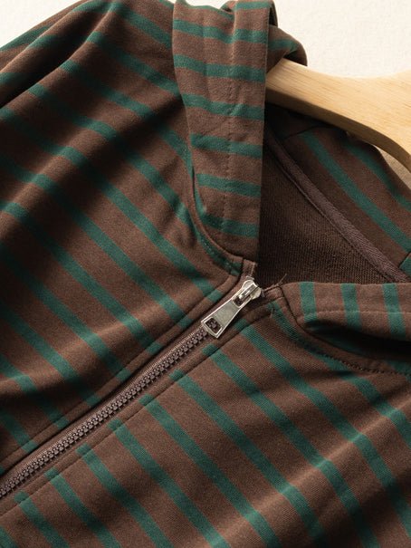 100% Natural Material Striped Zipper Literary Retro Hoodie Coat