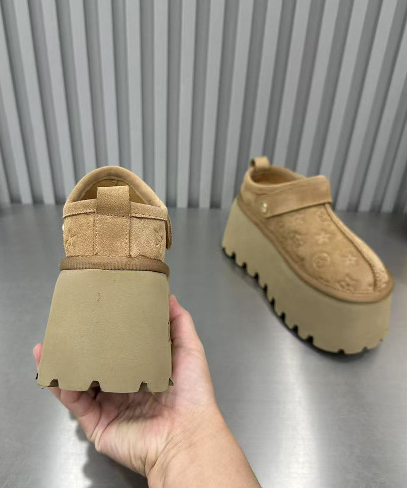 Light Camel Suede Embossed Splicing Platform Slide Sandals