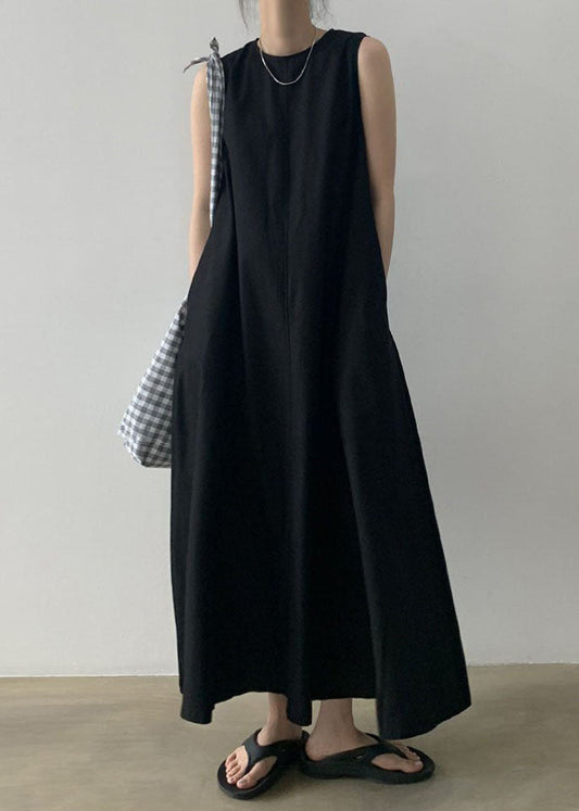Black O-neck Cotton Robe Dresses Sleeveless