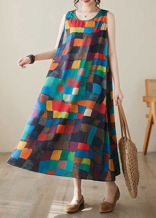Rainbow Plaid O-neck Maxi Dress Summer
