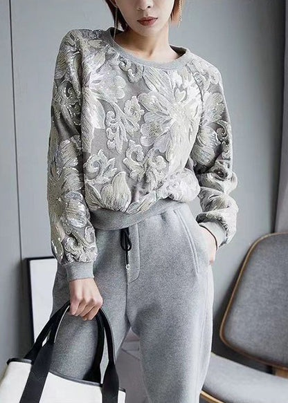 Handmade Grey O-neck Embroidered Sequins Velour Sweatshirt Fall