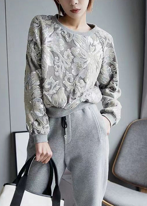 Handmade Grey O-neck Embroidered Sequins Velour Sweatshirt Fall