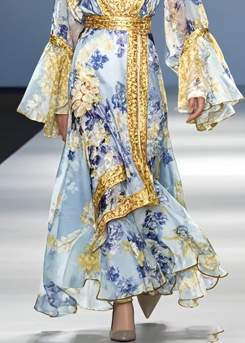 Blue Print Patchwork Chiffon Holiday Dress Flare Sleeve