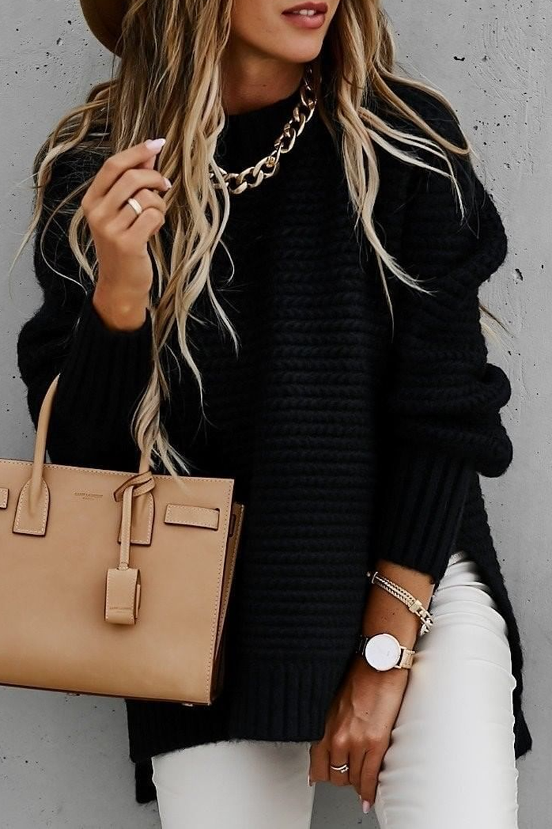 Round Neck Side Slit Sweater