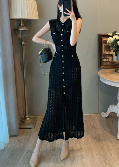 Black Hollow Out Single Breasted Buttons Knit Long Dress Sleeveless