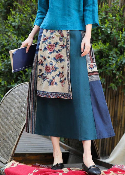 Blue Wrinkled Embroideried Pockets Patchwork Linen Skirt Summer