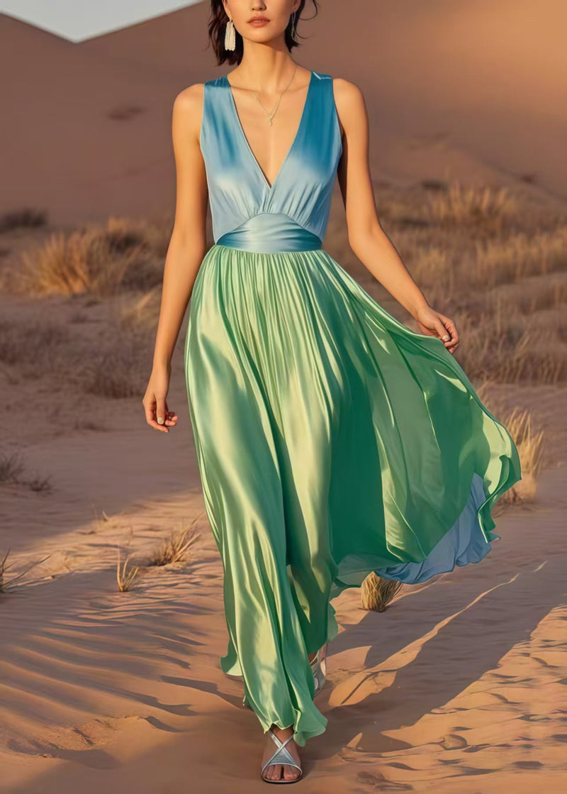 Colorblock V Neck Patchwork Draping Silk Maxi Dress Summer