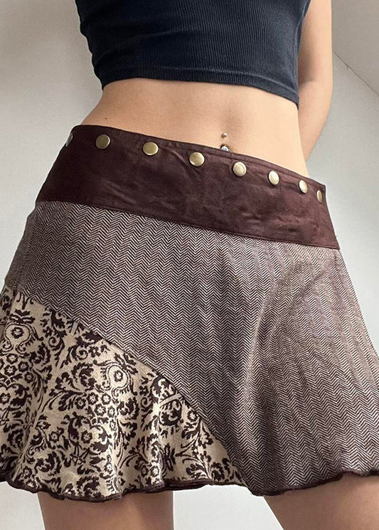 Brown Asymmetrical Print Rivet Patchwork Cotton Skirts Fall