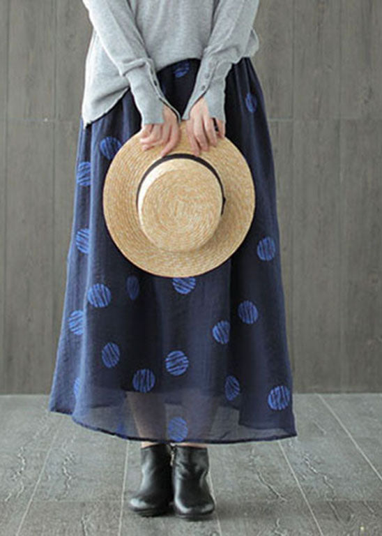 Dark Blue Elastic Waist Dot Print Linen Skirts Spring