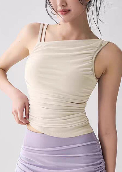 Pink Cold Shoulder Asymmetrical Tulle Yoga Tops Sleeveless