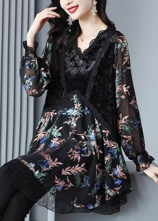 Black Velvet Print Patchwork Chiffon Dresses Spring
