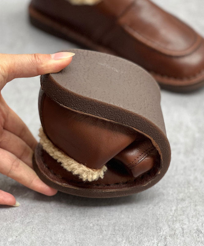 Chocolate Flat Shoes for Cowhide Leather Fuzzy Wool Lined Flat Shoes for