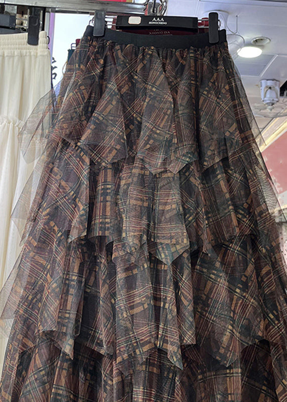 Khaki Asymmetrical Plaid Elastic Waist Layered Tulle Maxi Skirts Spring