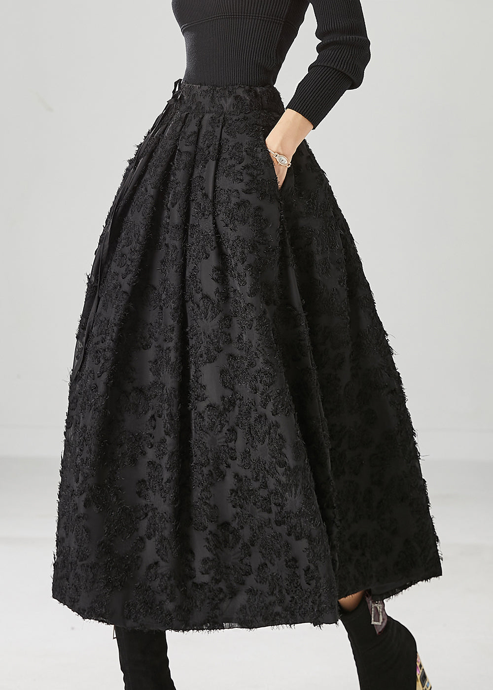 Boutique Black Tie Waist Cotton a Line Skirt Fall