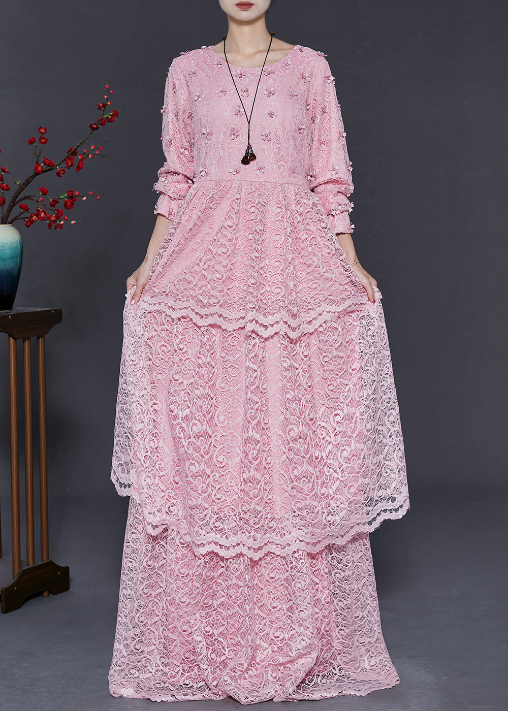 Pink Layered Lace Vacation Dress Spring